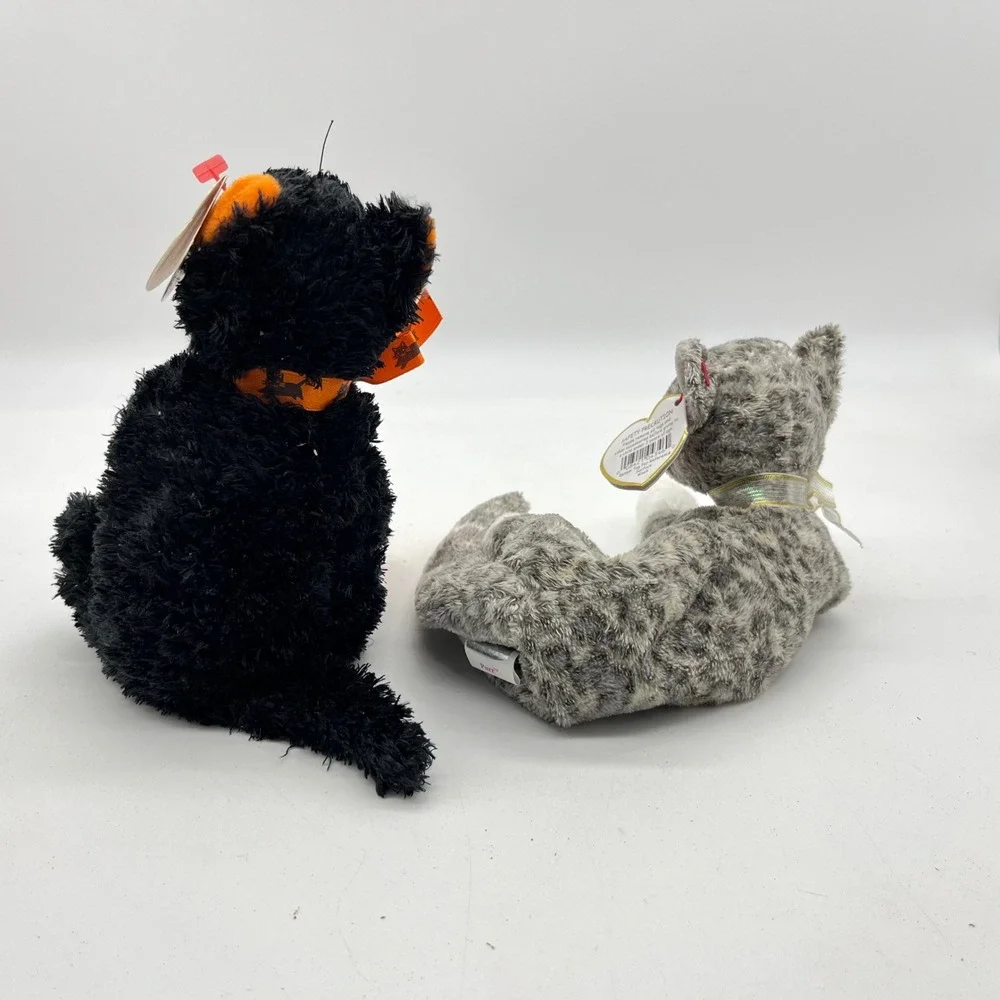 Ty Beanie Baby Cat Lot Fraidy Black Halloween Cat and Purr Grey Tabby‎ Plush 2pc